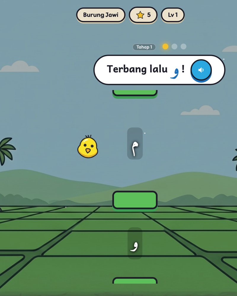 Permainan Burung Jawi — terbang melepasi huruf Jawi yang betul