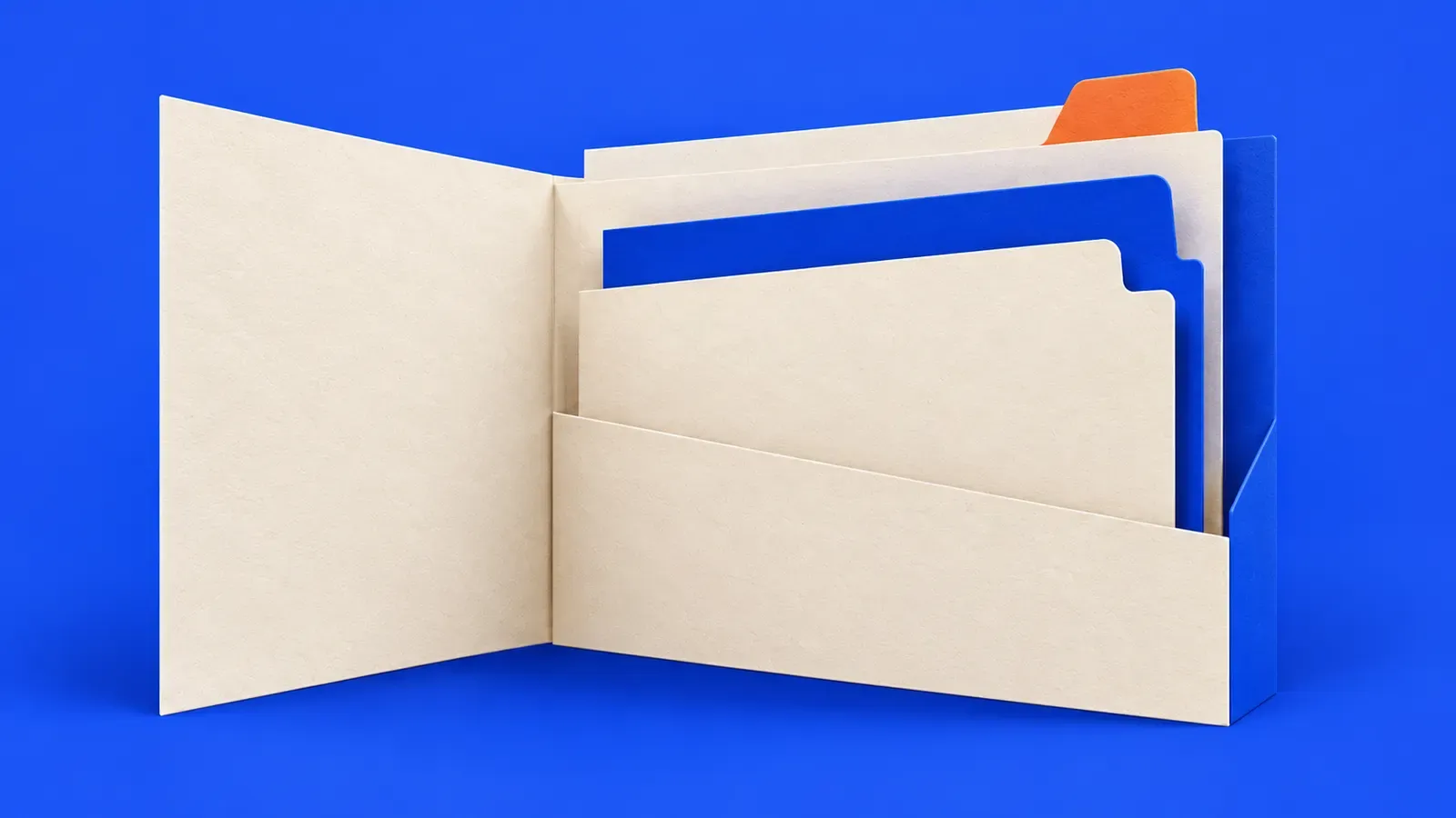 Susunan folder kertas kosong berwarna kobalt dengan tab oren, melambangkan persediaan memilih sekolah agama Selangor.
