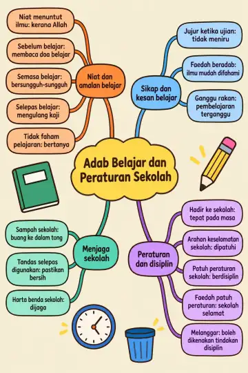 Poster peta minda Adab Belajar dan Peraturan Sekolah